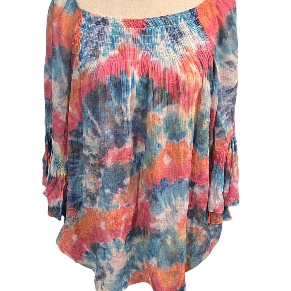 Boho Tie-dye Off-the-Shoulder Peasant Blouse Bell Sleeves Spense Women's Large